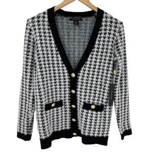 Tahari Houndstooth Eyelash V-Neck Button Up Cardigan Sweater Soft White Black XS